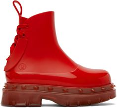 Ankle-high Melflex® PVC boots in red. · Pull-loop at heel collar · Lace-up closure at heel · Removable padded insole · Studs at welt · Treaded PVC platform sole · Platform: H1.5 in Part of the Undercover x Melissa collaboration. Supplier color: Red Pvc Boots, Shoe Game, Boot Shoes Women, Rain Boots, Apparel Accessories, Shoe Boots, Lace Up, Women Shoes, Outfit Accessories