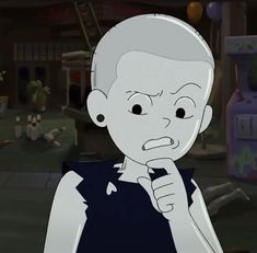 an animated man holding his finger up to his mouth and looking at the camera while standing in front of him