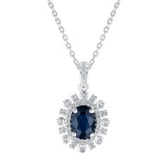 Crafted from 10k white gold, this stunning gemstone necklace is the perfect way to add a light, feminine touch to your look. Featuring a oval sapphire as the center stone, the pendant boasts round glittering diamonds that radiate out from its center creating a sunburst design. Diamonds are 1/6ctw, I in color, and I2 in clarity. The pendant measures 17mm in length and 11.5mm in width. An adjustable 16-17" white gold cable chain with a lobster claw clasp is included. Dazzling Sapphire Oval Jewelry, Dazzling Oval Sapphire Jewelry, Oval Sapphire Necklace With Halo Setting, Sapphire Oval Pendant Jewelry With Diamond Accents, Sapphire Necklace With Oval Halo Setting, Formal Oval Necklaces With Center Stone, Oval Lab-created Sapphire Jewelry With Halo Design, Elegant Oval Necklace With Center Stone, Oval White Gold Necklace With Center Stone