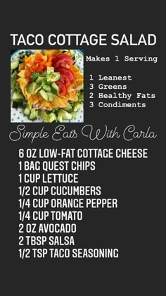 a menu for taco cottage salad with instructions