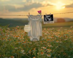 a baby's bodysuit hanging on a clothes line in a field with daisies