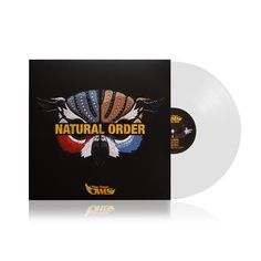 white vinyl with an eagle and the words natural order on it, against a black background