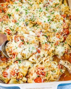 a casserole dish with chicken, tomatoes and cheese