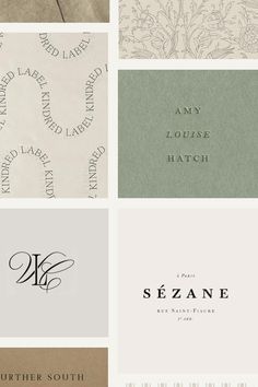 four different types of business cards with the words sezane written in black on them