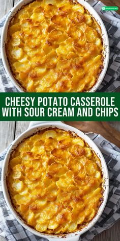 two images showing how to make cheesy potato casserole with sour cream and chips