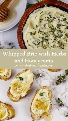 whipped brie with herbs and honeycomb in a bowl next to toasted bread