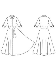 the front and back view of a women's dress, with buttons on the collar