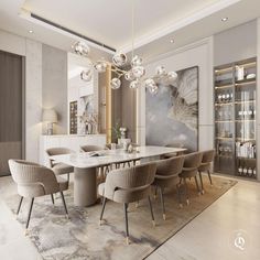 an elegant dining room with marble table and chairs, chandelier and art work on the wall