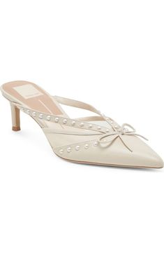 Dolce Vita Keilah Pointed Toe Mule (Women) | Nordstromrack Chic Low Heel Pearls Embellished Heels, Feminine Evening Kitten Heels With Almond Toe, Feminine Almond Toe Kitten Heels For Evening, Feminine Formal Kitten Heels, White Feminine Kitten Heels For Spring, Feminine Pearl-embellished Heels For Spring, Feminine Pearl Embellished Heels For Spring, Feminine Spring Kitten Heels, Feminine Kitten Heels