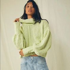 Brand New! The Cutest And Coziest Sweater! I Have This In Multiple Colors And Cannot Get Enough! Fits True To Size And Is Super Soft. Color Is A Lime Green But Pretty Subtle For A Bright Color. No Trades Spring Green Cozy Fit Top, Cozy Fit Green Top For Spring, Chunky Knit Cowl, Cowl Sweater, Cable Knit Turtleneck Sweater, Layered Sweater, White Turtleneck, Cowl Neck Long Sleeve, Oversized Knitted Sweaters