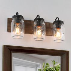 three mason jar lights are hanging on the wall above a mirror and potted plant