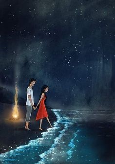 a man and woman holding hands on the beach at night with stars in the sky