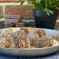 a plate full of chocolate covered donuts sitting on a table next to a potted plant