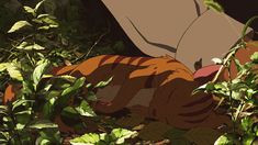 an animated image of a tiger laying on the ground in some bushes and plants with its mouth open