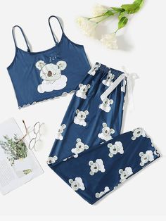 Multicolor Cute  Sleeveless Polyester Cartoon Pant Sets Embellished Slight Stretch  Women Sleep & Lounge Cute Summer Pjs, Cheap Kawaii Sleepwear For Sleepovers, Cute Blue Sleepwear With Cartoon Print, Cute Pijamas, Cute Blue Sleepwear With Character Print, Cheap Kawaii Cartoon Print Sleepwear, Casual Cartoon Print Sleepwear Sets, Cute Lounge Outfits, Cute Pjs