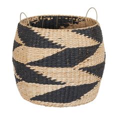 a black and white basket with two handles