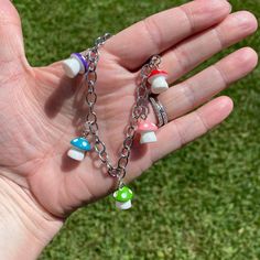 Super adorable cottage core style small colorful mushrooms charm bracelet Cute Outfits Mushroom, Cute Mushroom Design Dangle Jewelry, Cottage Core Aesthetic Clothes, Mushroom Bracelet, Cottage Core Mushroom, Cottage Core Jewelry, Core Clothes, Frog Stuff, Colorful Mushrooms