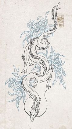 an ink drawing of a dragon with flowers on it's back and the tail curled up