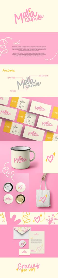 the packaging design for macaron cosmetics is shown in pink and yellow colors, including white