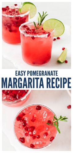 two margaritas with lime and pomegranate garnish on top