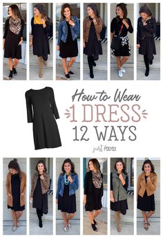 Black Hair Dress Outfit, All Dresses Wardrobe, One Shirt 10 Ways, Old Navy Black Dress, Wear Dresses Everyday, Black Dress With Denim Shirt, Dresses That Can Be Worn Different Ways, Different Ways To Wear A Black Dress, Black Long Sleeve Dress Outfit Fall