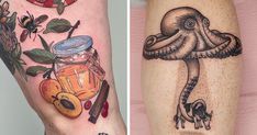 two different tattoos on both legs and one has an octopus in a jar with honey