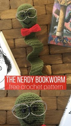 the nerdy book worm is crocheted with glasses and a red bow tie