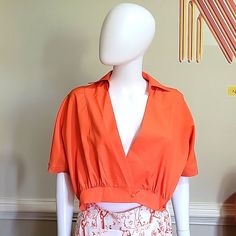 2 Piece Orange Wide Legs Crop Top Pants Set Brand New Size Large/ 12 Spring Workwear Tops With High Waist, High Waist Tops For Spring Vacation, Chic High-waist Vacation Tops, High Waist Cotton Tops For Day Out, High-waisted Cotton Tops For Day Out, Summer Workwear Crop Top With Short Sleeves, V-neck Crop Top For Spring Workwear, Spring V-neck Crop Top For Work, Crop Top Pants Set