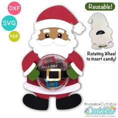 a santa clause holding a christmas ornament in his hands with the caption free svg file