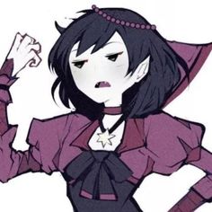 an anime character with black hair wearing a purple outfit and holding her hand up to her ear