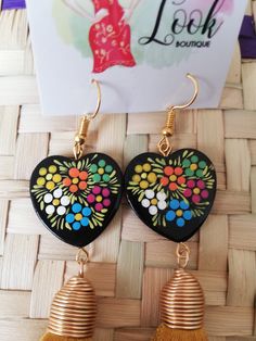 Hand painted wooden craft earrings, floral earrings, traditional Mexican earrings. Accessories decorated by hand with the Chiapa de Corzo technique. The technique of Chiapa de Corzo consists; First the use of the little finger to paint,and the second is the design; based on flowers, predominantly roses, birds and forage with fern-like leaves. All our accessories are hand painted with natural pigments and linseed oil, sealed with artisan lacquer they are very light to use in all occasions Each ac Traditional Handmade Flower Earrings, Handmade Traditional Flower Earrings For Festivals, Traditional Handmade Flower Earrings For Festivals, Hand Painted Earrings For Festivals, Hand Painted Earrings For Gift And Festivals, Traditional Multicolor Flower Earrings, Traditional Flower-shaped Earrings With Ear Wire, Handmade Traditional Flower Earrings, Traditional Handmade Flower Earrings For Gift