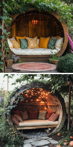 Rustic garden nooks with cozy lighting, wooden textures, and tranquil greenery. Rustic Retreat