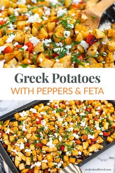 greek potatoes with peppers and feta in a pan