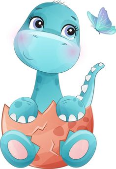 a blue dinosaur sitting on top of an egg with a butterfly flying over it's head