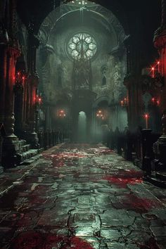 an empty gothic church with red blood on the floor and large clock in the center