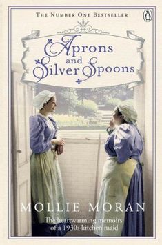 two women standing next to each other in front of an open door with the words aprons and silver spoons