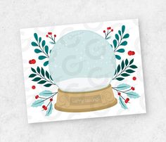 a christmas card with an image of a snow globe and holly wreaths on it