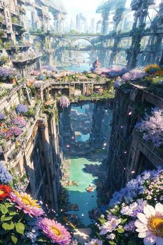 an artist's rendering of a futuristic city surrounded by flowers