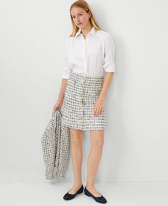 Elevate your wardrobe with the Ann Taylor Tweed Button A-Line Skirt, a piece that combines classic charm with modern sophistication. Perfect for both office and outings, this skirt features a crisp Blue Lake hue that complements any top.

- Size: Regular - 2
- Color: Blue Lake
- Material: Shell - 76% Polyester, 9% Acrylic, 5% Rayon, 2% Wool, 8% Other Fibers; Lining - 100% Polyester
- Gender: Female
- Length: 19 inches long
- Design: Button front placket, front flap button-through pockets, hidden Tweed Skirt Suit, Modern Skirt, Getaway Dress, Work Sweaters, Ann Taylor Petite, Knitted Suit, Chic Skirts, Petite Skirt, Blue Lake