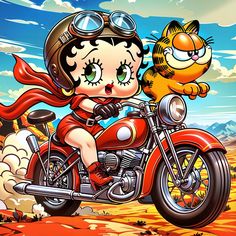 a woman riding on the back of a motorcycle next to a cat