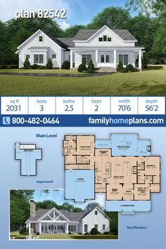 two story house plan with 3 bedroom and 2 bathrooms on the first floor, an attached garage