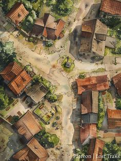 an aerial view of a village with lots of houses and trees on the side of it