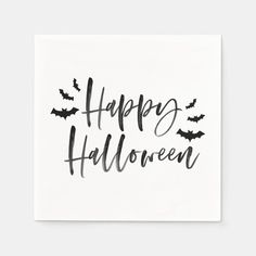 a black and white happy halloween card with bats flying around it, on top of a white background