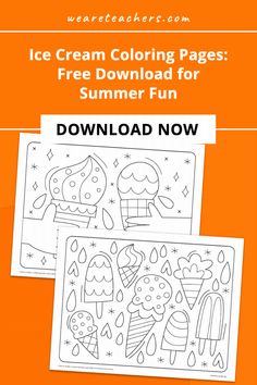 the ice cream coloring pages for summer fun is shown on an orange background with text overlay