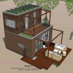 a drawing of a small house with a green roof and deck on the top floor