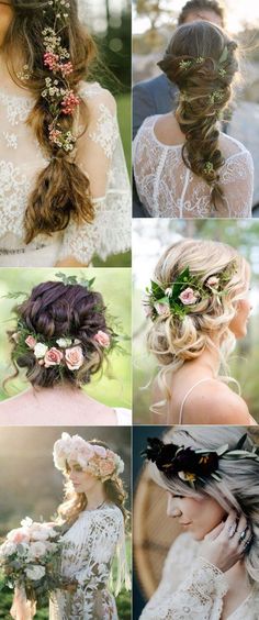 different hairstyles with flowers and leaves in them