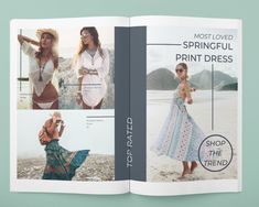 an open book with pictures of women in bikinis and dresses on the pages, showing different types of clothing