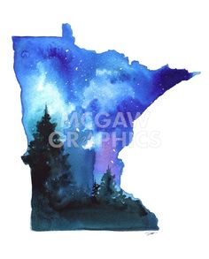 the state of michigan painted in watercolor on white paper with blue and purple hues