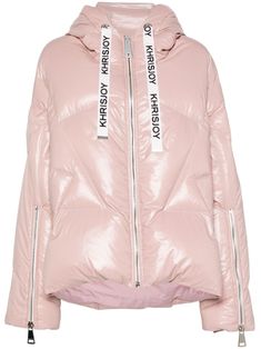 light pink down-feather filling padded design quilted glossy finish front zip fastening slouchy drawstring hood long sleeves cuff zips two side welt pockets full lining drawstring hem Shiny Puffer Jacket, Yoko London, Shiny Clothes, Iconic Bags, Demi Fine Jewelry, Antique Roses, Exclusive Fashion, Flat Boots, Ballet Flat Shoes