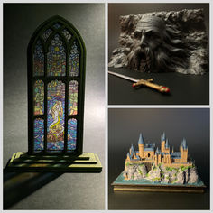 three different views of the wizard's castle and stained glass windows